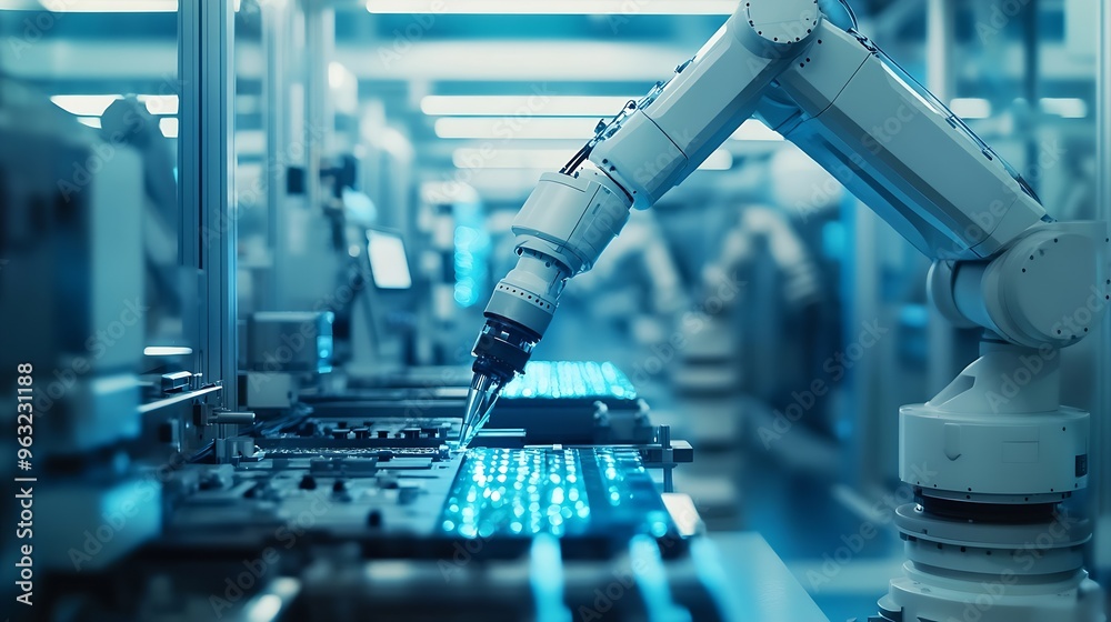 Poster smart industry robot arms for digital factory production technology showing automation manufacturing