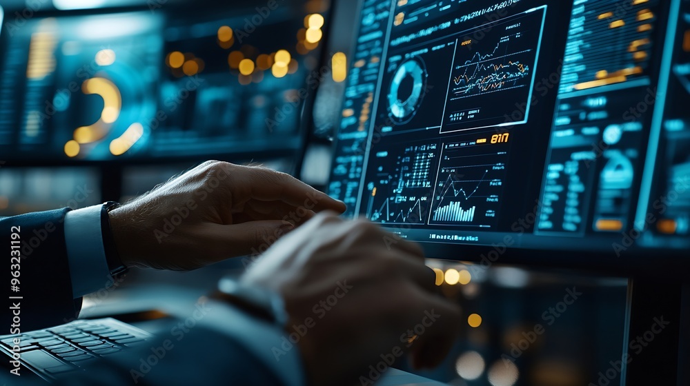 Poster Businessman using analytics data KPI technology and data management system Corporate strategy for finance operations sales marketing : Generative AI