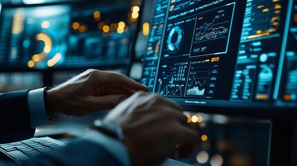 Businessman using analytics data KPI technology and data management system Corporate strategy for finance operations sales marketing : Generative AI