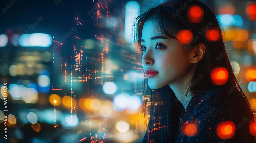 Aufkleber Internet network connection data exchange digital marketing IoT internet of things Double exposure woman using modern computer surfing the internet and smart city innovative technology : Generative AI