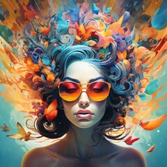 Beautiful woman with creative make up and sunglasses in a glass