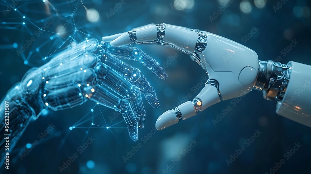 Poster AI Machine learning Hands of robot and human touching on big data network connection background Digital Transformation Science and artificial intelligence technology innovation and fut : Generative AI