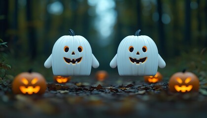 Two friendly ghost figures stand among glowing pumpkins in a whimsical Halloween forest setting.