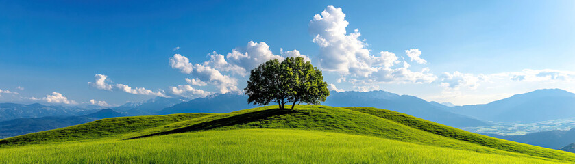 Fototapeta premium A serene landscape featuring a solitary tree on a lush green hill under a clear blue sky with soft clouds.