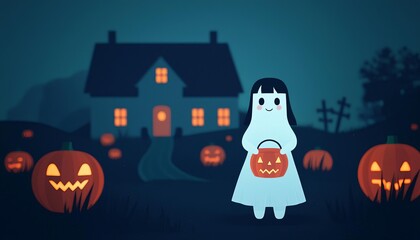 A cute ghost character with a pumpkin bucket stands in front of a spooky house on Halloween night, surrounded by glowing jack-o'-lanterns.