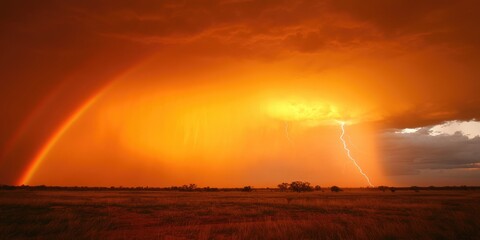 Dust storm under a vivid orange sky, accompanied by a rainbow and a lightning strike hitting the ground.