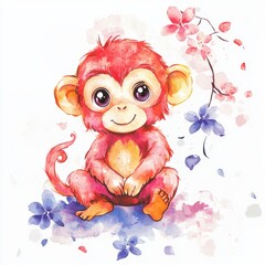 Fototapeta premium Adorable watercolor illustration of a smiling baby monkey surrounded by colorful flowers, perfect for children's decor.