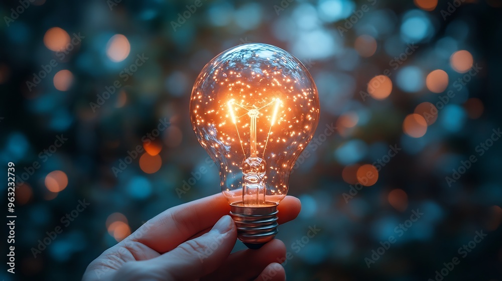 Poster hand man holding illuminated lightbulb idea innovation and inspiration with glowing virtual brain sm