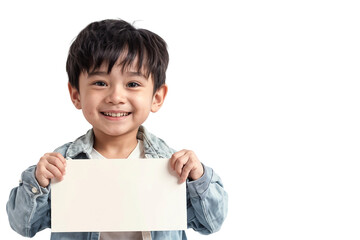 Portrait of a smiling child holding a blank white paper or placard, isolated on transparent background