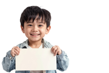 Portrait of a smiling child holding a blank white paper or placard, isolated on transparent background