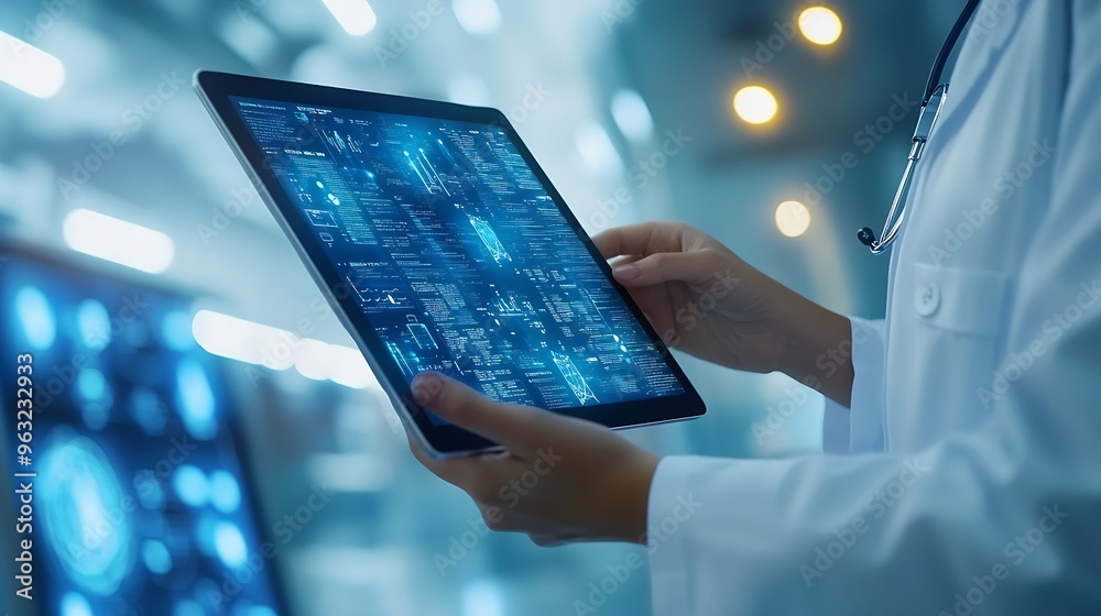 Aufkleber Medical technology EMRs Electronic medical record system concept Doctor using digital tablet laptop computer with electronic health data and  internet network connection virtual hospit : Generative AI