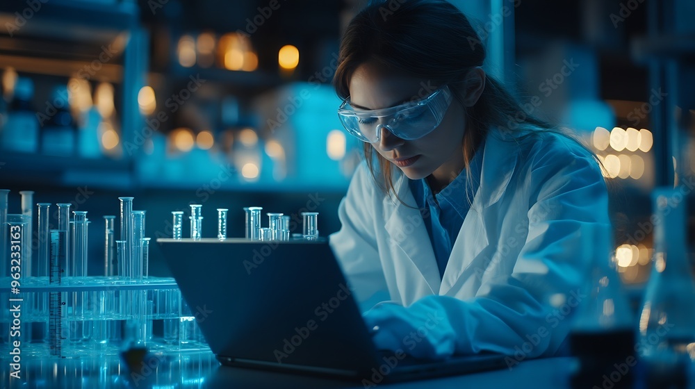 Poster chemistry laptop and science with woman in laboratory for medical or pharmaceutical research compute