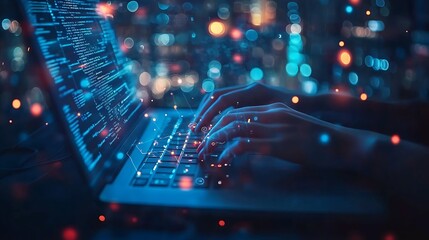 Digital technology internet network connection big data digital marketing IoT Programmer coding on computer with smart city and internet network data accessing innovative technology ba : Generative AI