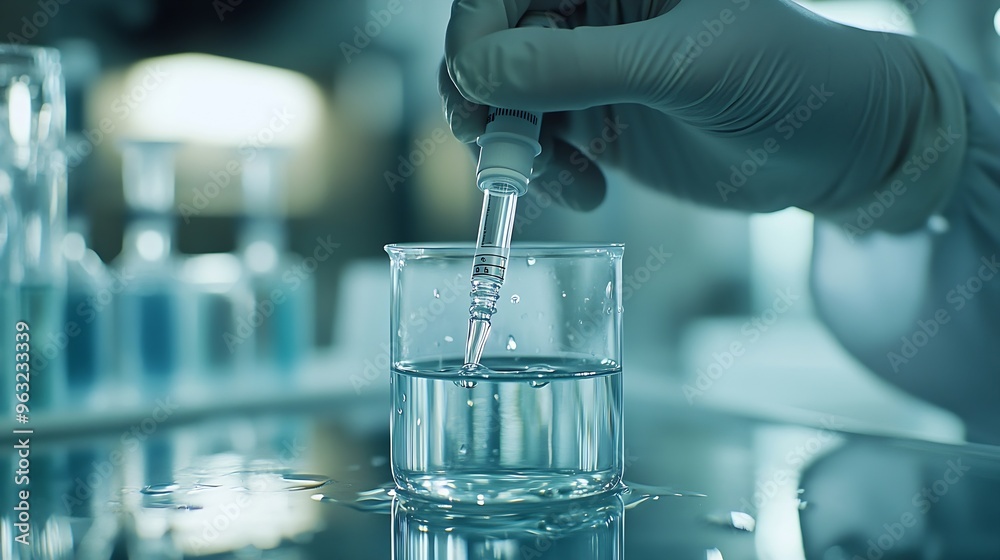 Fototapete Medical development research laboratory chemist or science scientist student hand in glove drop water into pipette for test analysis liquid sample in clinic lab Microbiology analysing  : Generative AI