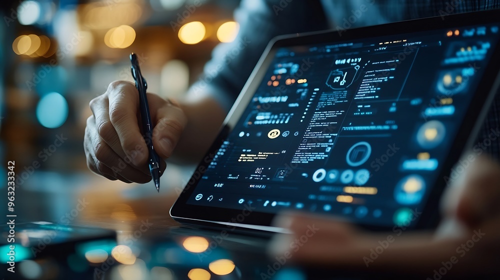 Fototapete Software development IoT internet of Things Internet network technology concept Man coding programmer software developer working on digital tablet with binary html computer code on vir : Generative AI