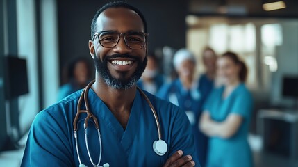 Fototapeta premium Portrait of a happy and smiling man doctor or nurse standing with group of a healthcare staff in a hospital setting Professional medical team exemplifies unity and expertise in clinic : Generative AI