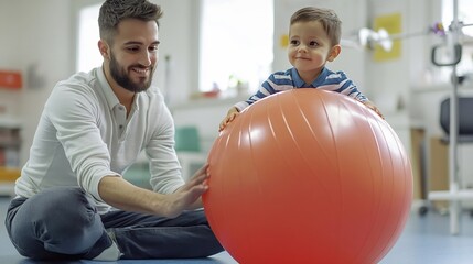 Male child with movement disorders engages in rehabilitation therapy with specialist at childrens rehab center using a fitness ball to restore balance : Generative AI