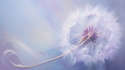 A classic oil painting depicting a cluster of dandelion seeds, their delicate forms illuminated by a soft, ethereal glow, set against a backdrop of gentle blue and violet tones