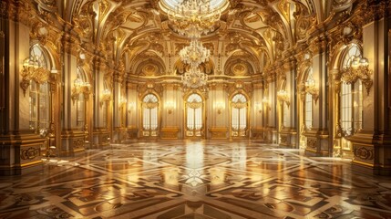 A classic painting of a grand ballroom with gleaming gold walls adorned with ornate moldings and intricate carvings.