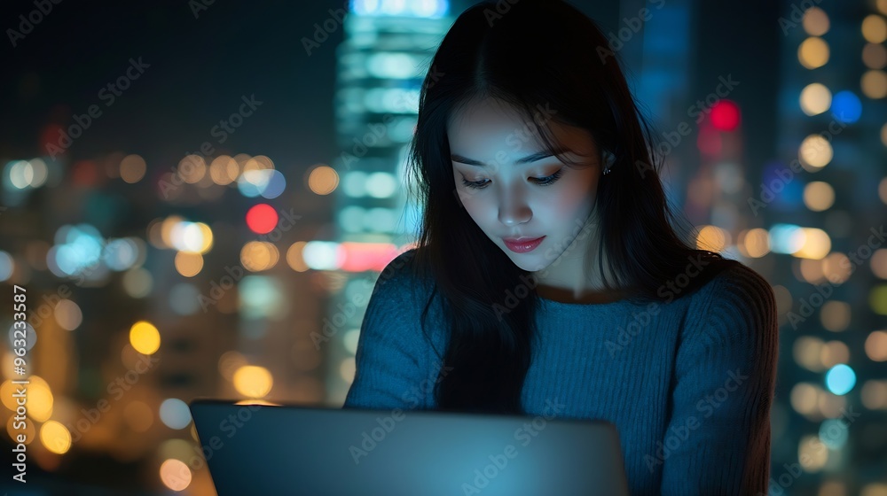 Aufkleber Young Asian woman using laptop computer sending and download digital data info with blur city night Mobile connect networking with cloud communication concept : Generative AI