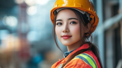 Portrait woman contruction worker smart confident look with engineer safety suit work in construction site : Generative AI