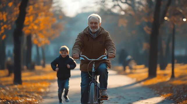 Old man riding bicycle with granddaughter while son running at park : Generative AI