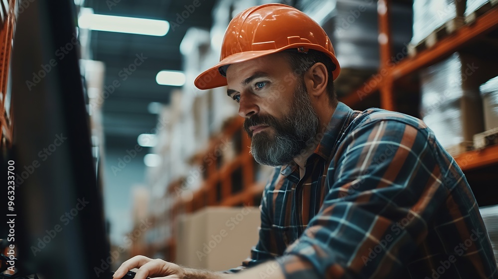 Poster Warehouseman checking delivery stock in warehouse on computer pc Warehouse manager using warehouse management software app : Generative AI