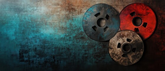 Fototapeta premium Vintage Film Reels on Grungy Artistic Background with Blue and Red Tones