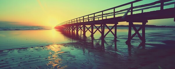 A wooden pier stretches out into the ocean at sunrise, creating a tranquil and picturesque scene.