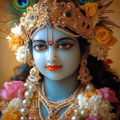 Lord Krishna wallpaper with a gold background and flowers
