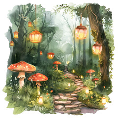 An enchanted forest path lined with glowing lanterns and mushrooms