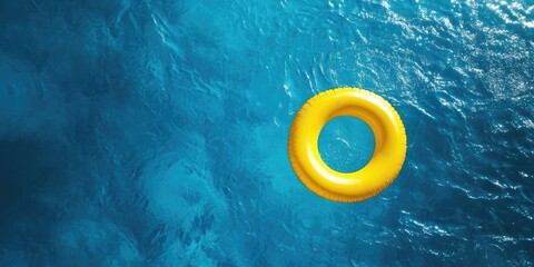Yellow pool float drifting in blue water. A bright summer concept.