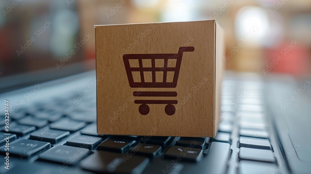 Poster shopping online cardboard box with a shopping cart logo in a trolley on laptop keyboard shopping ser