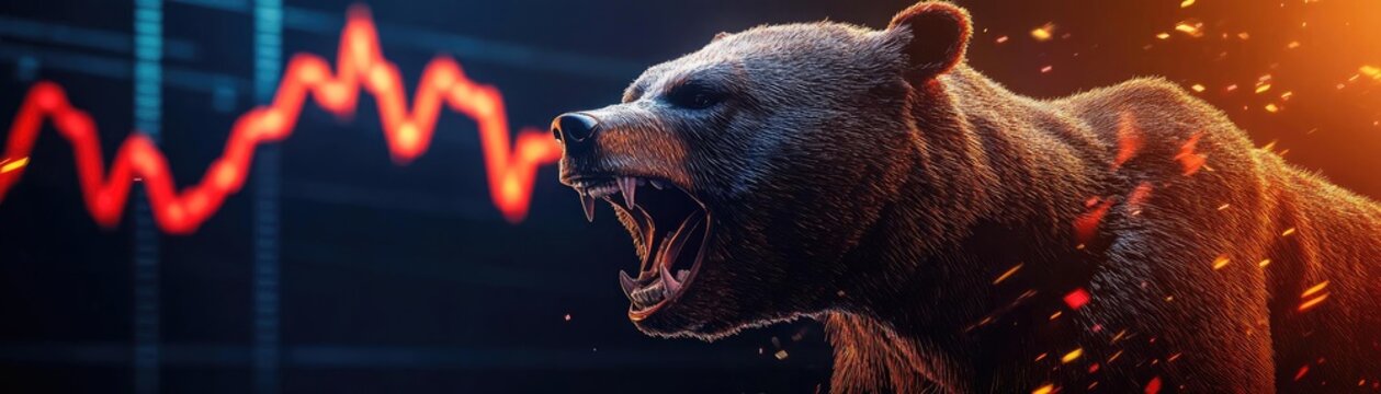 A fierce bear roaring amidst a dynamic stock market chart, symbolizing market volatility and strength in trading.