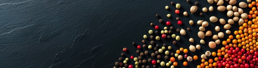 Close up of colorful peppercorns scattered on a dark surface. The peppercorns are arranged in a diagonal line, creating a vibrant and visually appealing image.