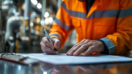 A safety engineer is using pen to rating the health risk assessment level of chemical hazardous material in the paperwork form Industrial safety working scene closeup and selecitve foc : Generative AI