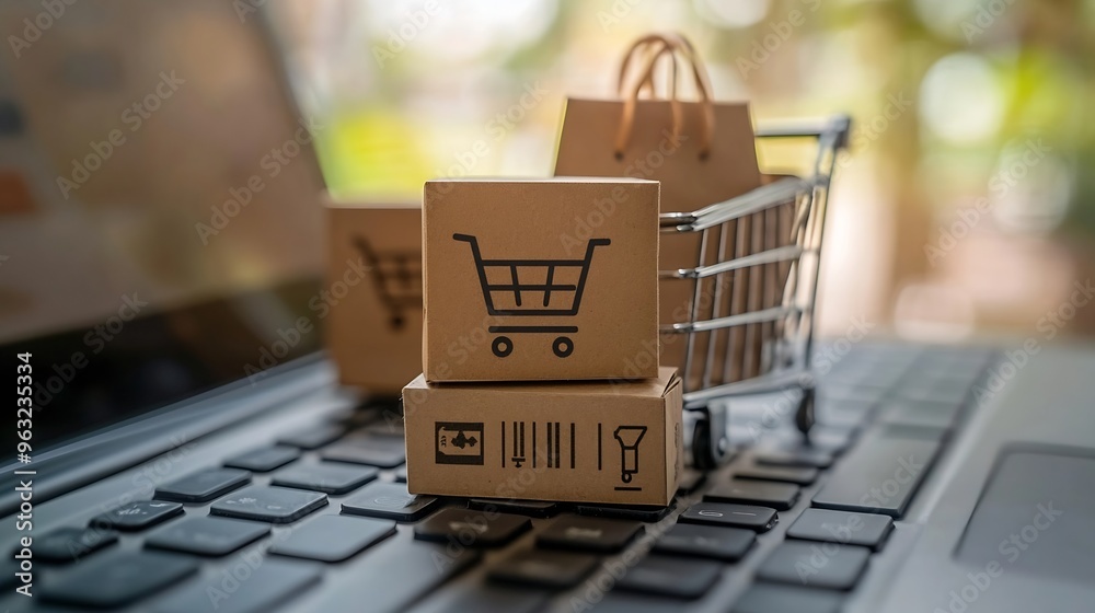 Poster shopping online cardboard box with a shopping cart logo in a trolley and paper bag on laptop keyboar