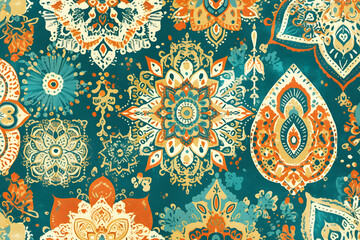 Boho chic background with vibrant colors and intricate paisleys and mandalas for a bold and artistic look