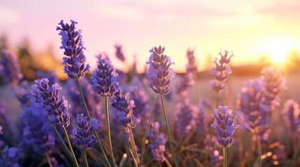 Naklejka premium A close-up photorealistic view of lavender blossoms swaying gently in the evening breeze, their delicate petals illuminated by the golden rays of the setting sun.