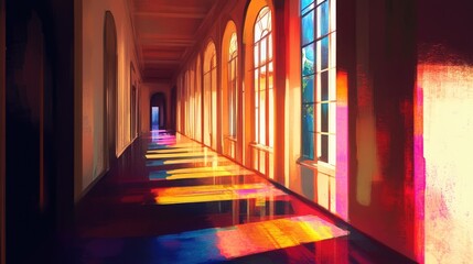 Fototapeta premium Colored light streams through windows, casting abstract shadows in a long corridor, creating an atmospheric, dreamlike effect.
