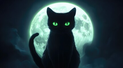 A detailed icon of a black cat with glowing green eyes, silhouetted against a full moon.