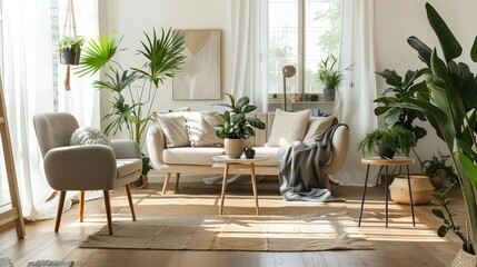 Botanic living room with beige sofa, grey armchair, plants, and table on rug