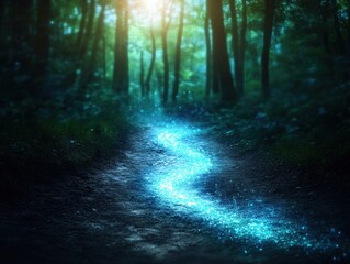 Obraz premium Enchanted Forest Path with Glowing Magical Light in a Mystical Woodland Setting at Twilight