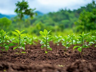A close-up view of a row of young plants growing in fertile soil, with a blurred background of lush green foliage and a cloudy sky.
