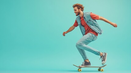 Obraz premium Full body side view active young man he wear denim vest red tshirt casual clothes riding skateboard pennyboard isolated on plain pastel light blue cyan background studio portrait Lifes : Generative AI