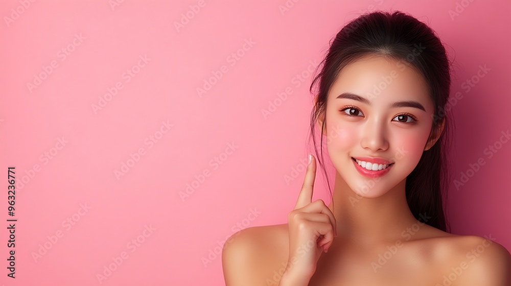 Wall mural Beautiful young Asian woman pointing finger to her teeth on isolated pink background Facial and skin care concept for commercial advertising : Generative AI