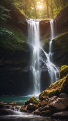 Fototapeta premium Powerful Cross Beneath Cascading Waterfall in Serene Forest Landscape.