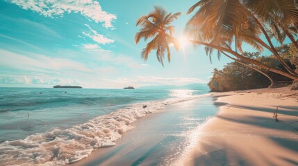 Obraz premium Tropical Beach Vacation with Blue Sea and Sun Flare