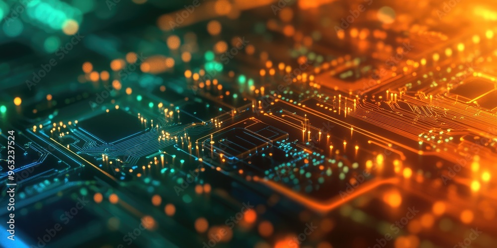 Poster Circuit board background with futuristic server processing and bokeh effects in orange, green, and blue tones.