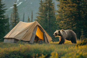 A bear next to a camping tent in the forest